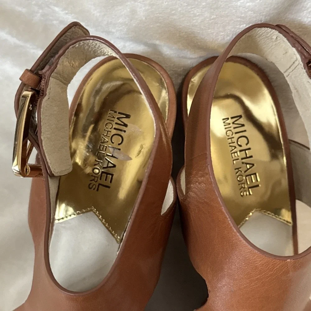 Michael Michael Kors Josephine Wedge Sandals Brown, Platform Woodblock Heel Sz 7